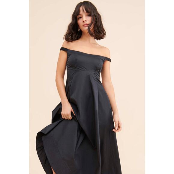 New Free People Alinda Midi Dress $228 SIZE 4 Shiny Black Off-The-Shoulder - Picture 5 of 9